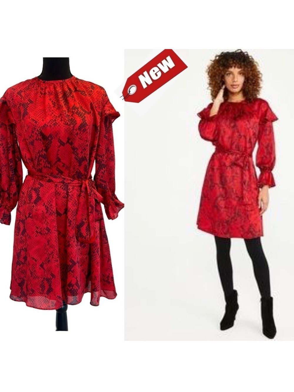 Ann Taylor red black snake animal print long sleeve ruffle frill dress Sz XS NWT